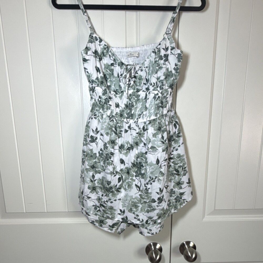 Hollister Floral Green/White Romper Square Neck Strappy Pockets S Women's